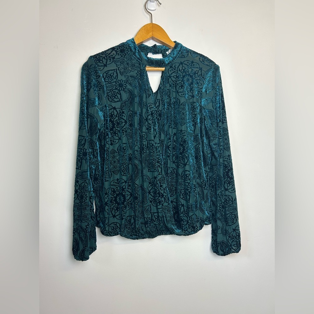Finn & Grace Teal Blue Velvet Burn Out Paisley Fabric Size S Goth Fairy Top